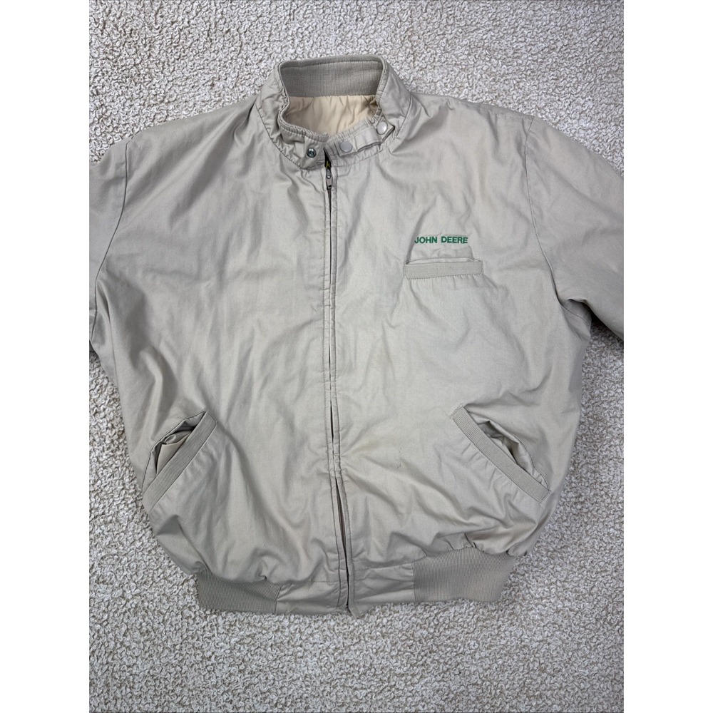 Vintage John Deere Coat Embroidered By K-Products XL Made in USA Full Zip Beige